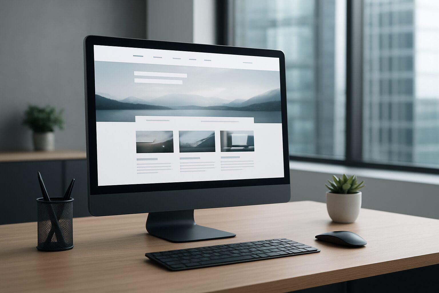 A modern desktop computer displaying a professional web design layout in a stylish office setting.