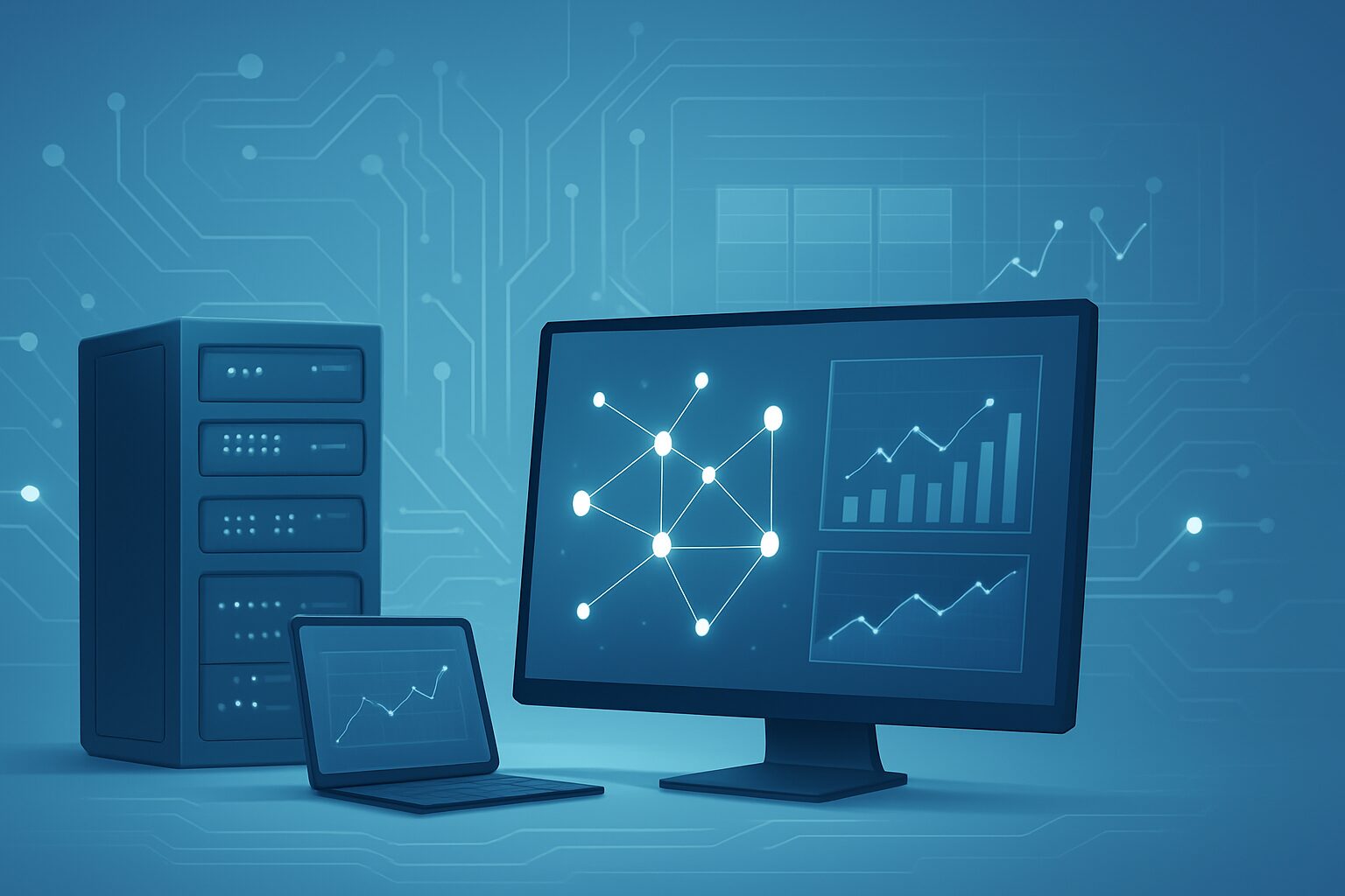 A desktop and a laptop displaying digital data visualization on a circuit board background.