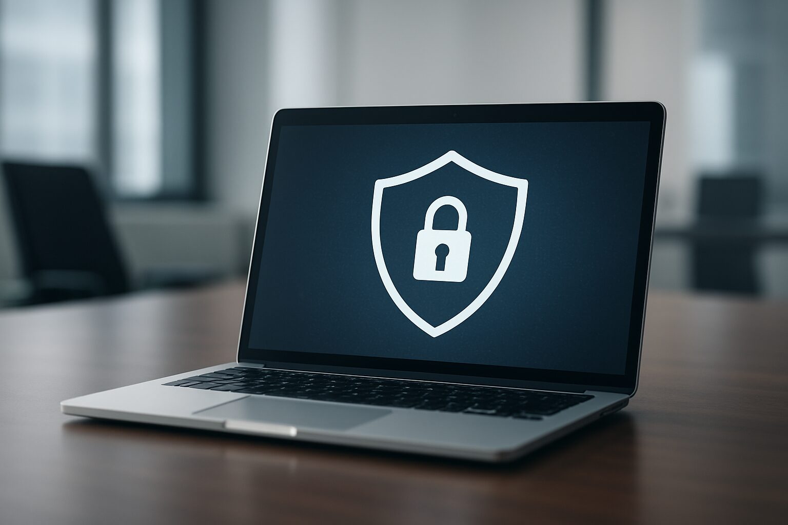 Laptop on a desk displaying a shield with a padlock symbol, symbolizing cybersecurity.