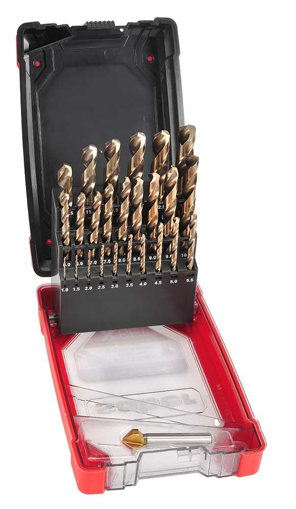A set of drill bits in a plastic case