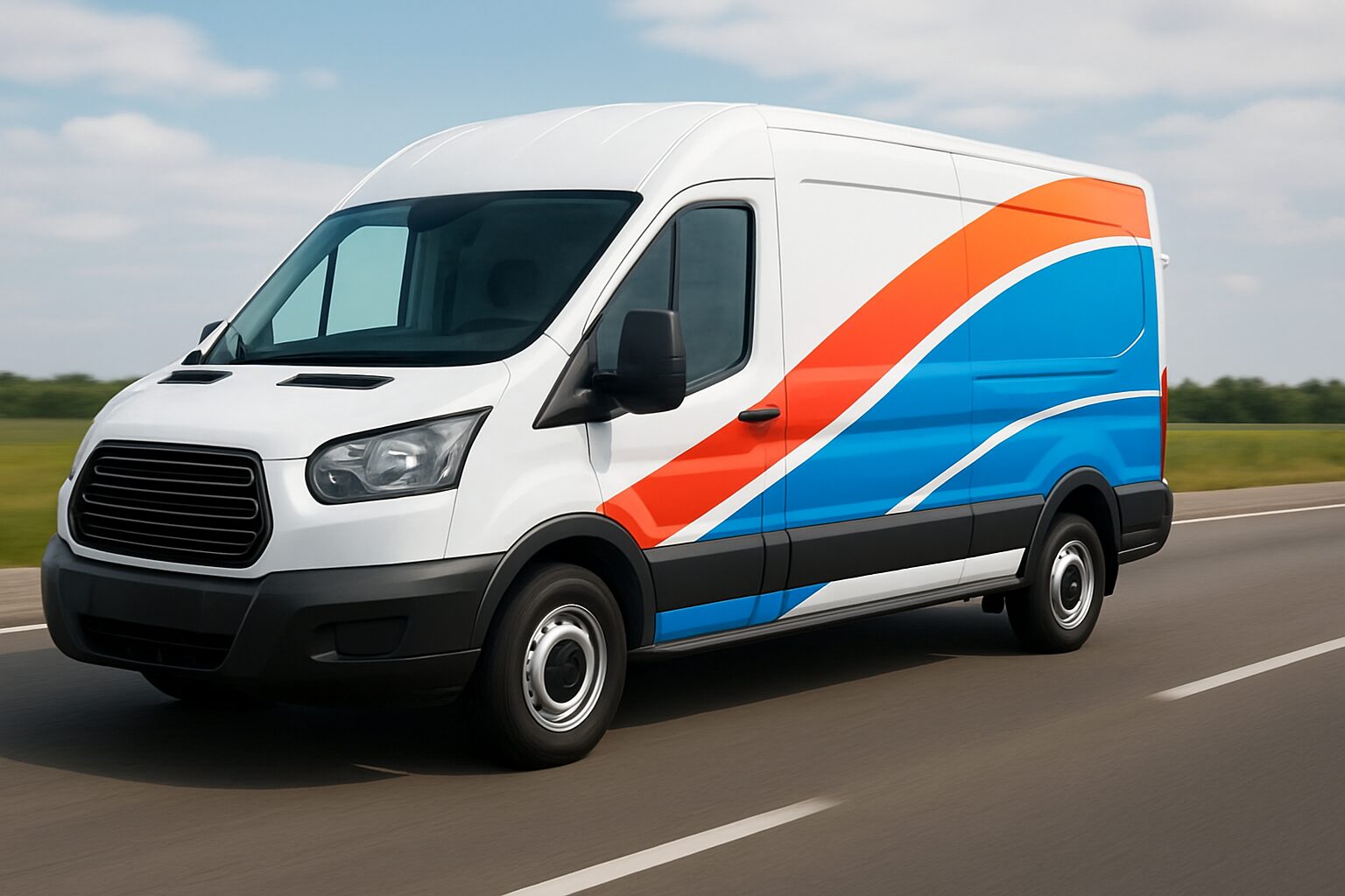A white delivery van with colorful graphic design speeding down a highway